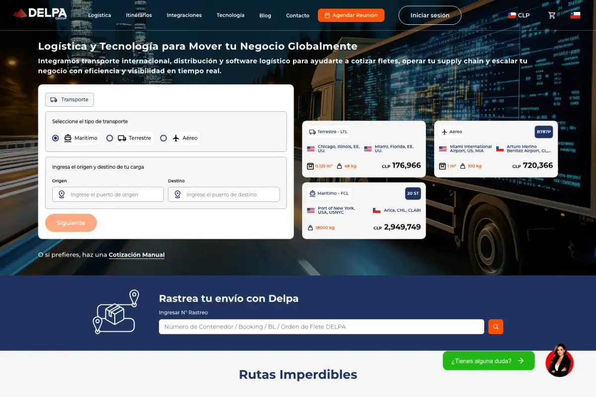 Captura del sitio de Delpa Group con el cotizador de transporte y el acceso al rastreo de envíos.