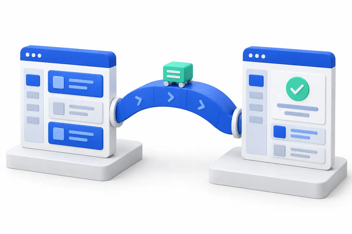 Illustration of an application, an integration hub and documents connected in one workflow.