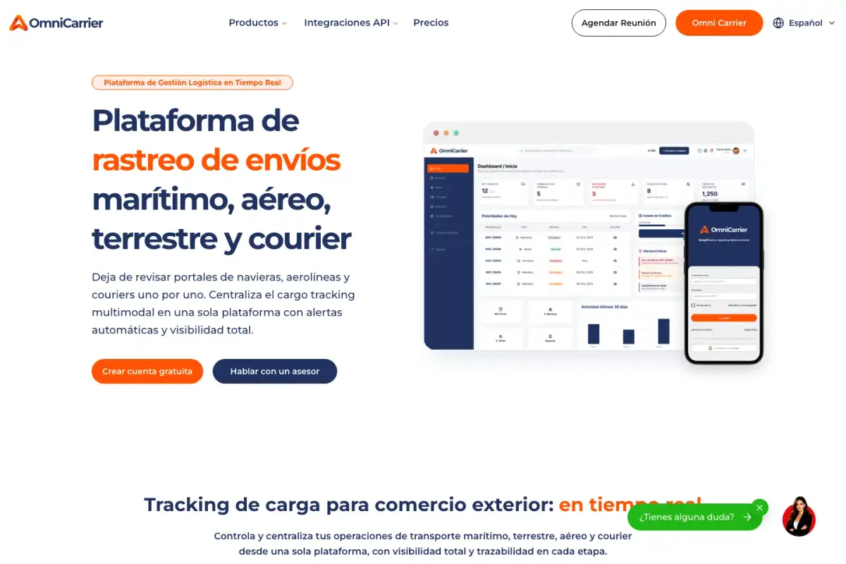 Sitio público de Omnicarrier con la presentación del tracking multimodal y una vista de su plataforma.