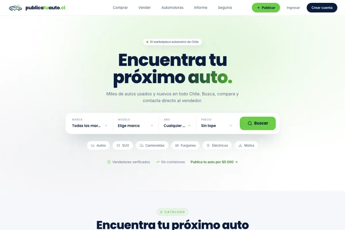 Sitio real de Publica Tu Auto con filtros de marca, modelo, año y precio, y acceso para publicar.