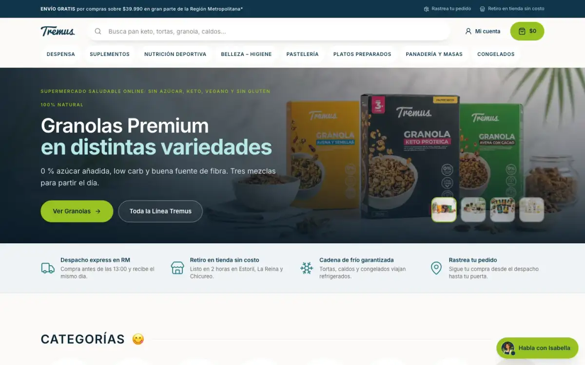 Sitio real de Tremus con su catálogo de alimentos saludables y acceso al asistente Isabella.